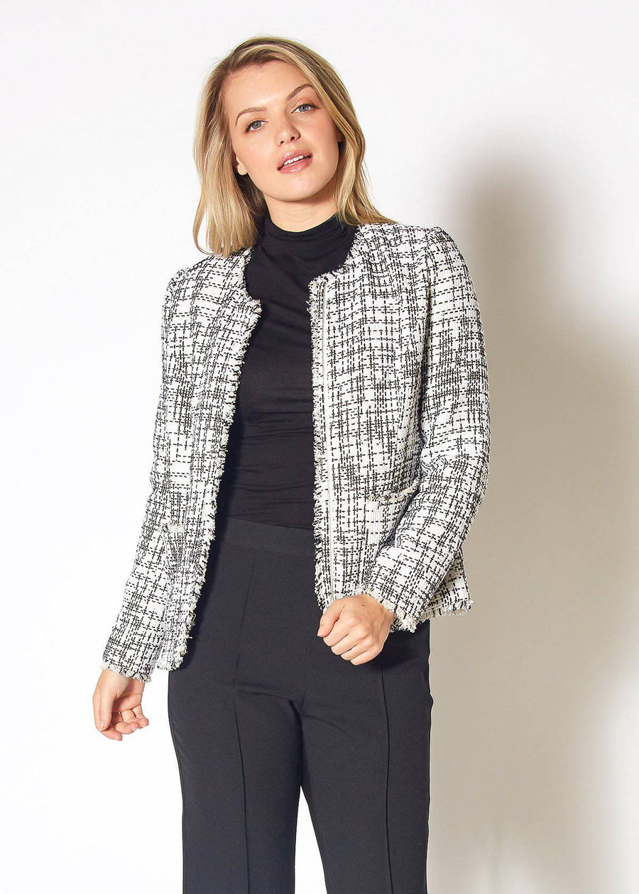 Women's Open Front Tweed Blazer in Black Red Tweed - shopatkonus