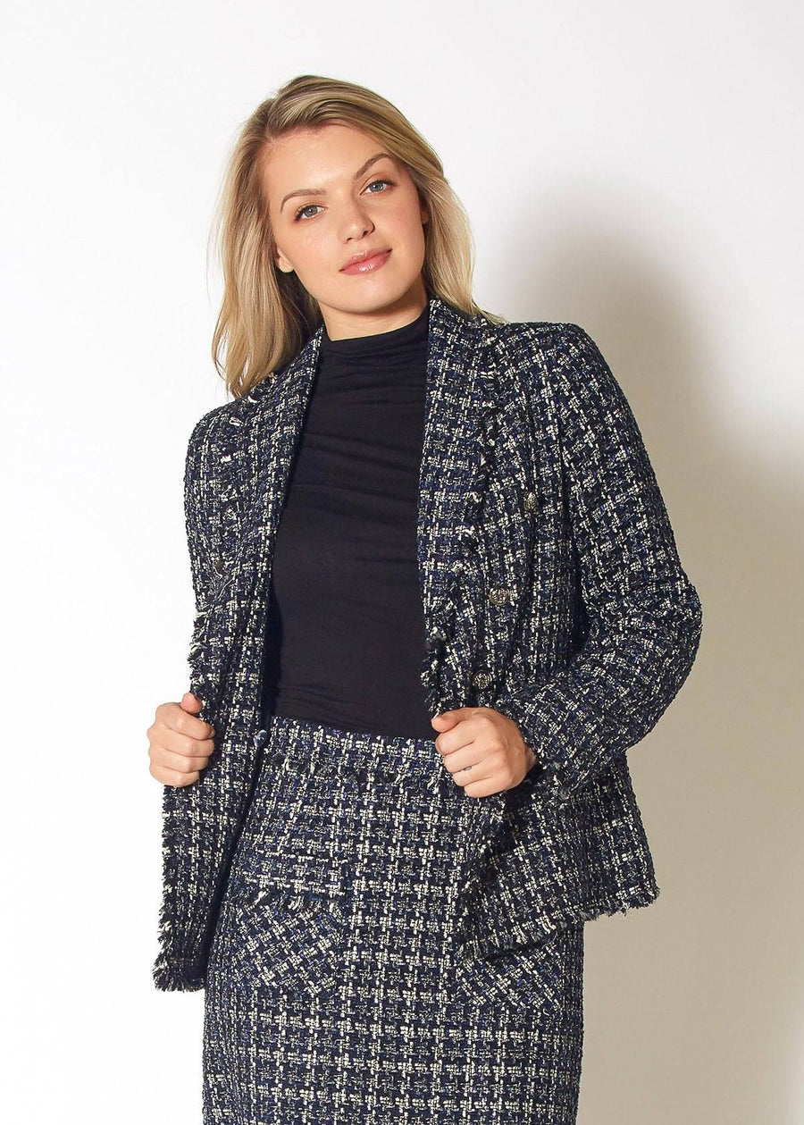 Women's Tweed Fringe Hem Blazer Jacket in Navy Tweed - shopatkonus