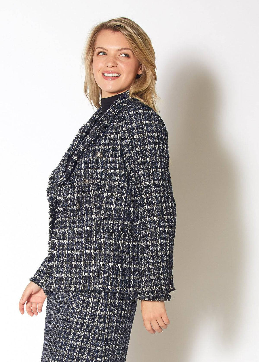 Women's Tweed Fringe Hem Blazer Jacket in Navy Tweed - shopatkonus