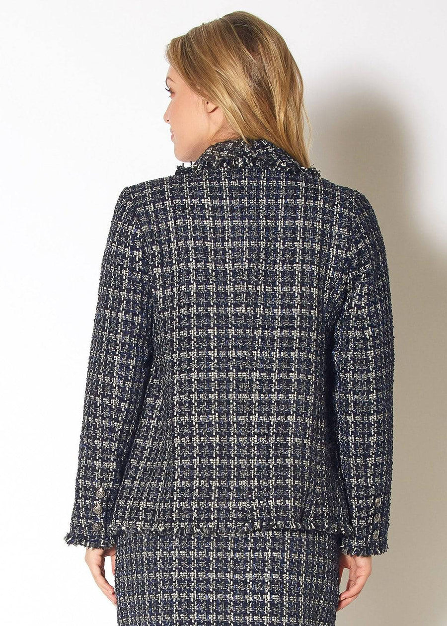 Women's Tweed Fringe Hem Blazer Jacket in Navy Tweed - shopatkonus