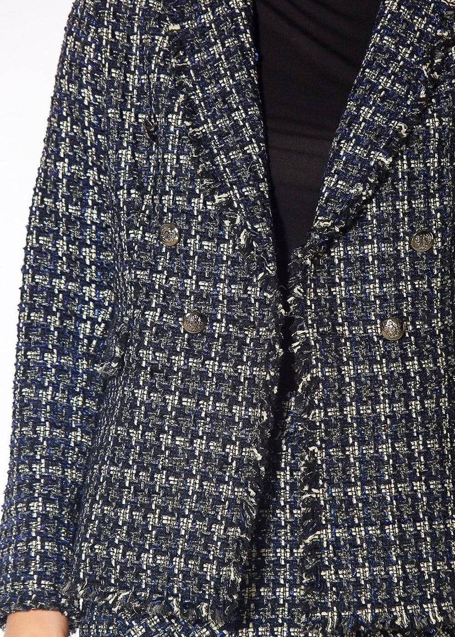 Women's Tweed Fringe Hem Blazer Jacket in Navy Tweed - shopatkonus