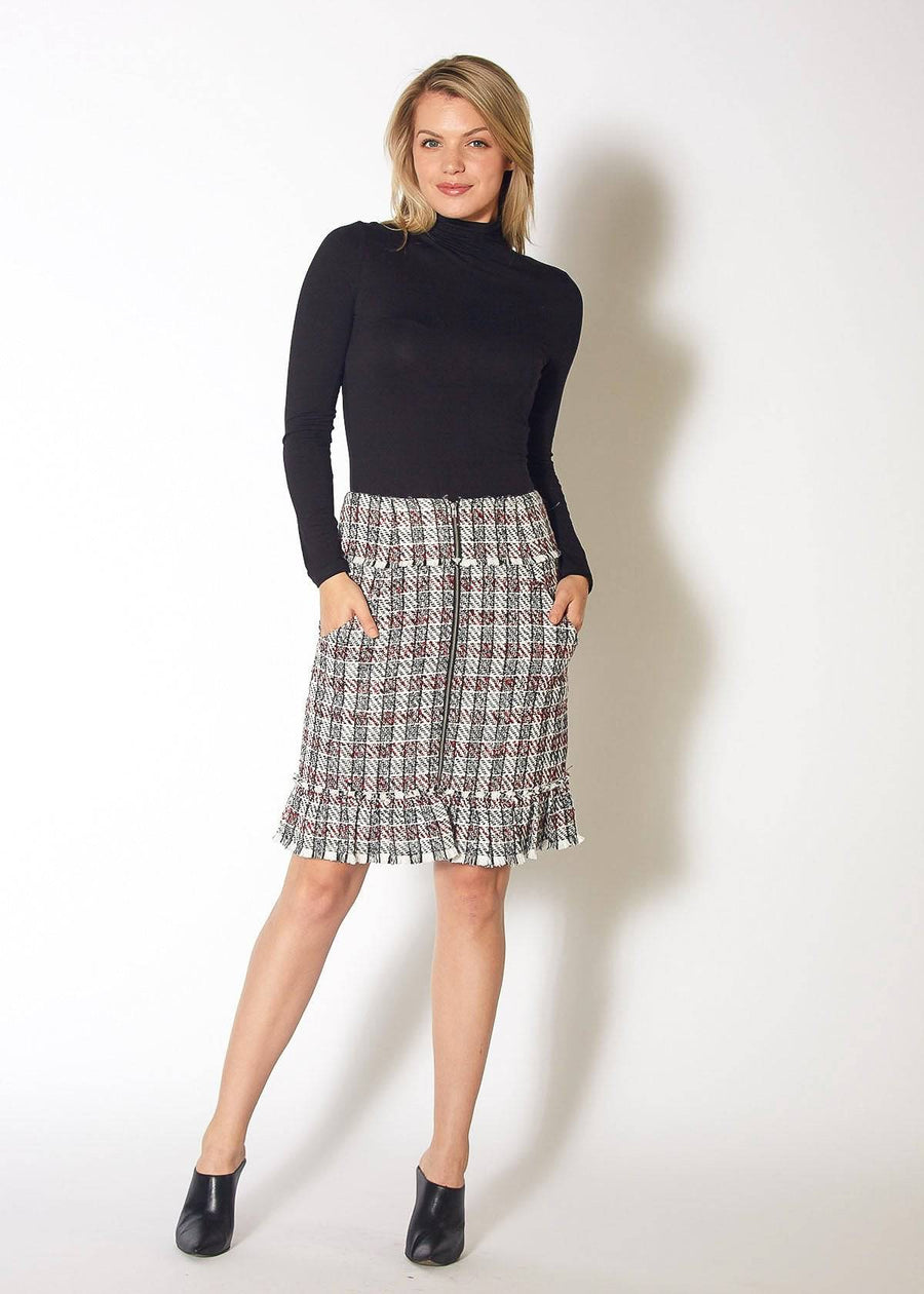 Women's Plaid Tweed Zipper Front Skirt in Black Red Tweed - shopatkonus