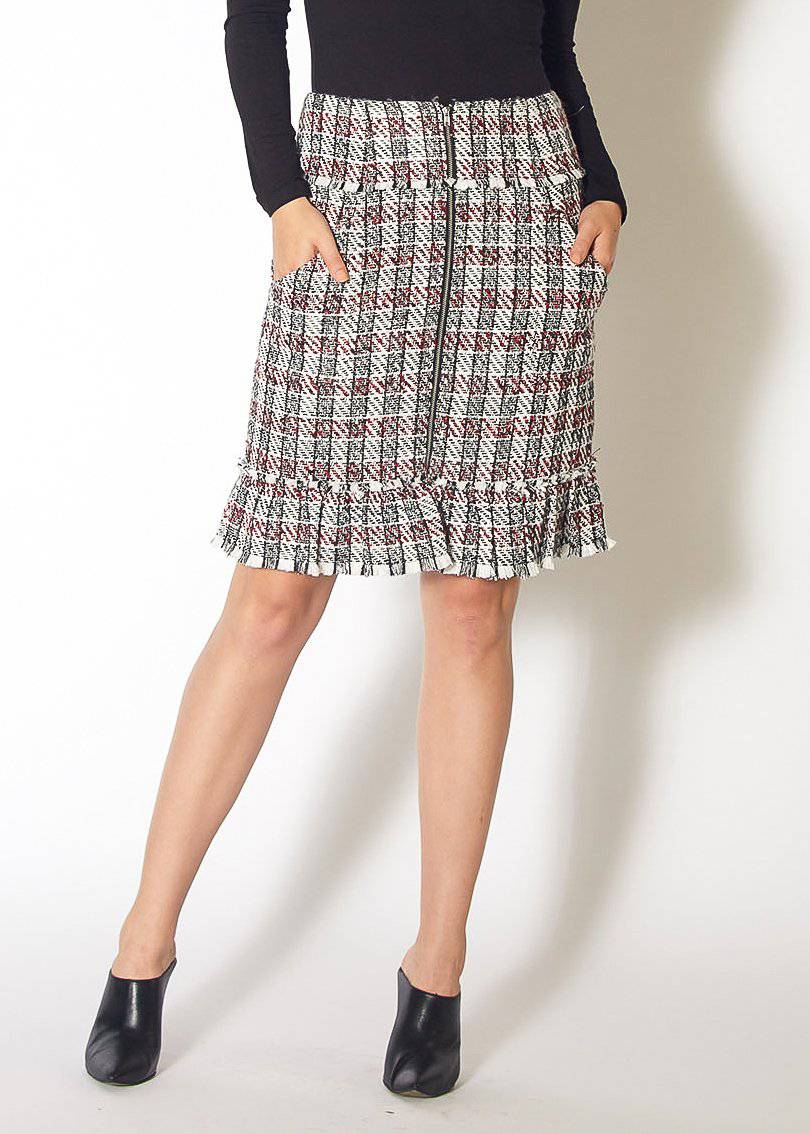 Women's Plaid Tweed Zipper Front Skirt in Black Red Tweed - shopatkonus