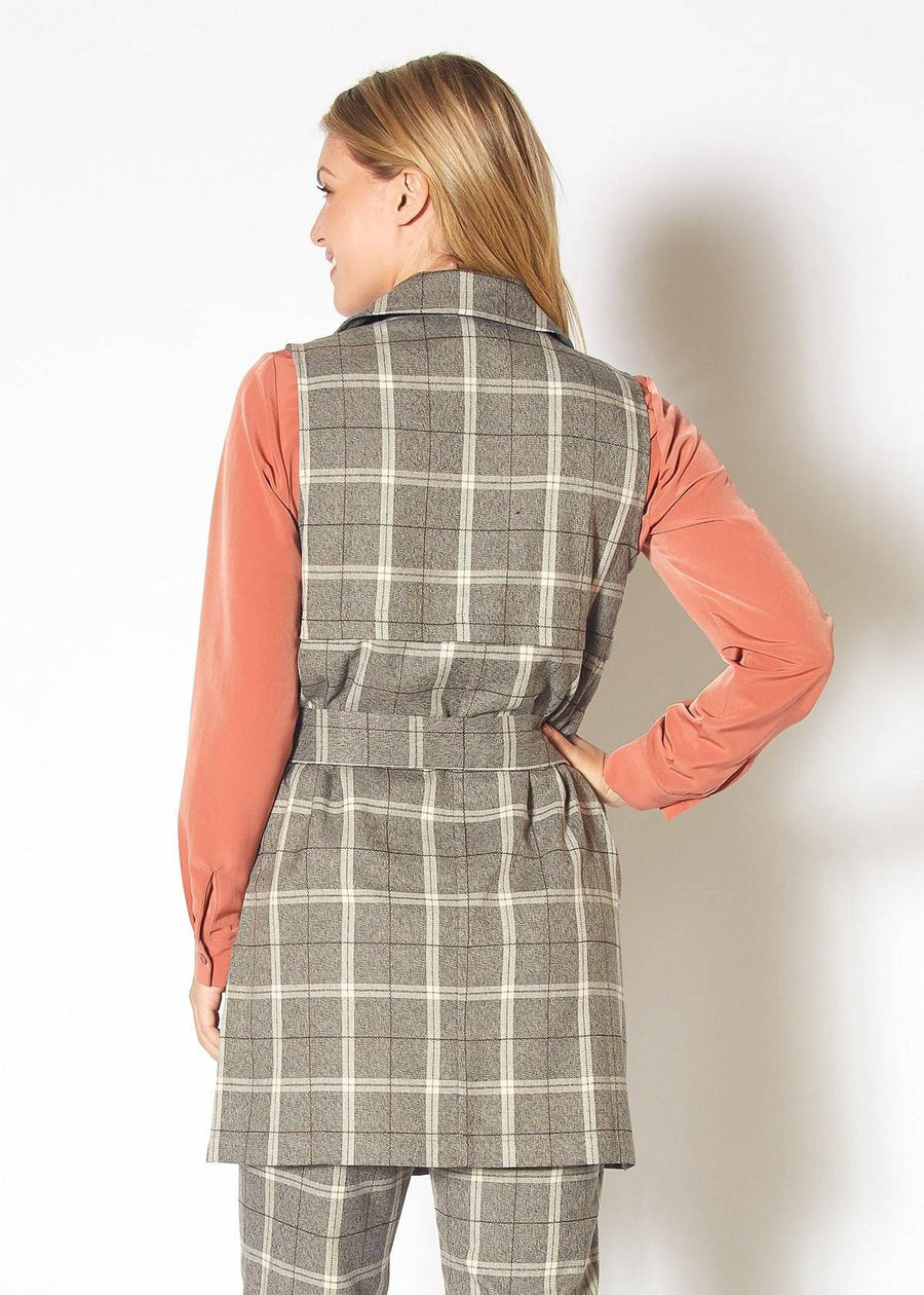 Women's Sleeveless Plaid Tie Waist Vest in Mocha Plaid - shopatkonus