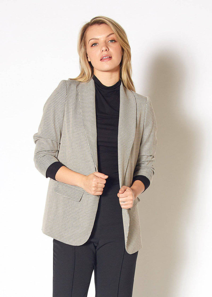 Women's Micro Plaid Open Front Blazer in Black Houndstooth Plaid - shopatkonus