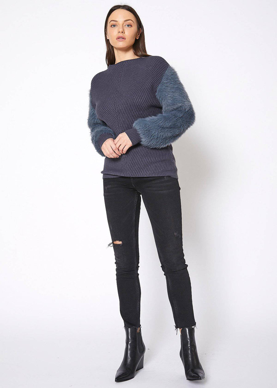 Faux Fur Sleeve Boat Neck Sweater in Slate Blue - shopatkonus