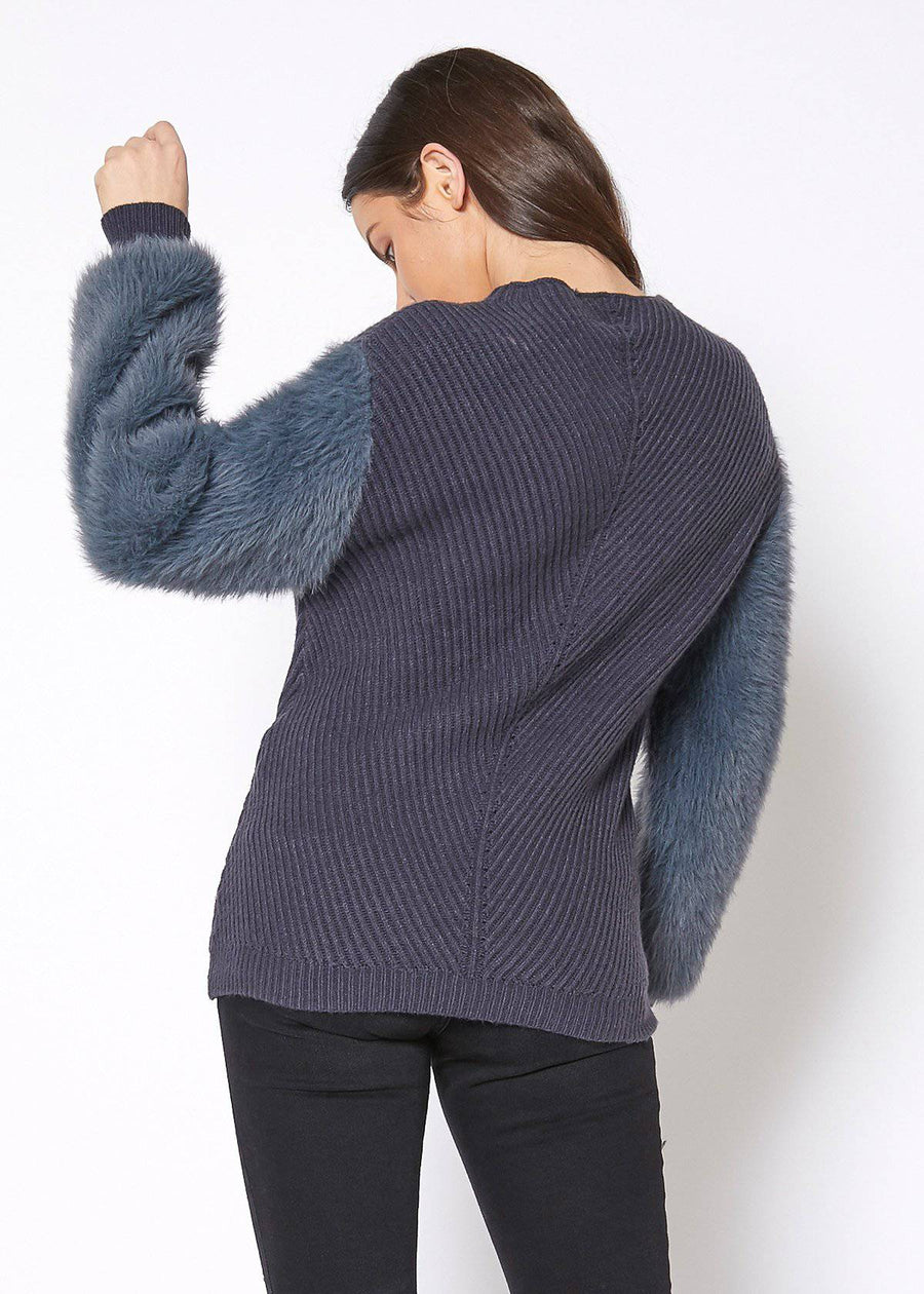 Faux Fur Sleeve Boat Neck Sweater in Slate Blue - shopatkonus