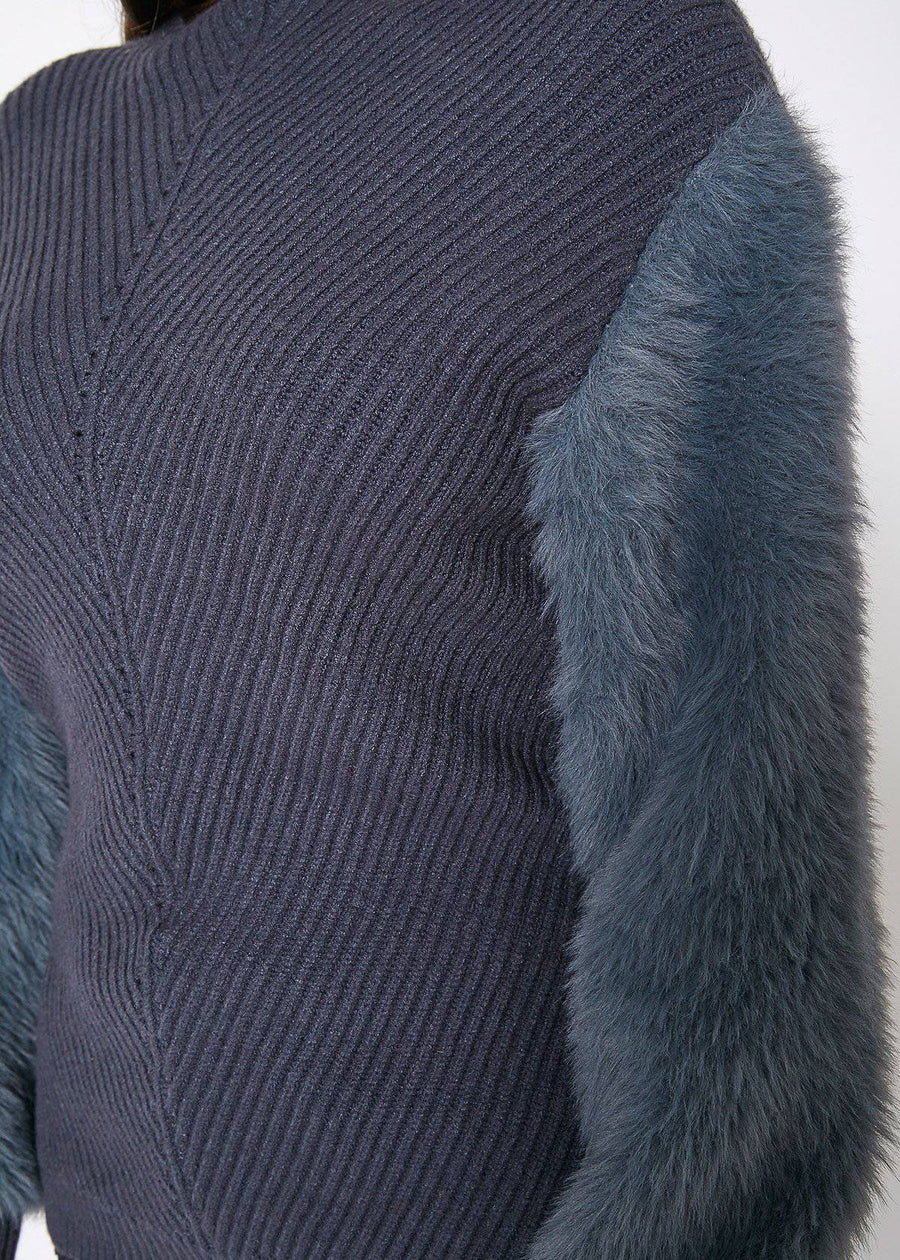 Faux Fur Sleeve Boat Neck Sweater in Slate Blue - shopatkonus