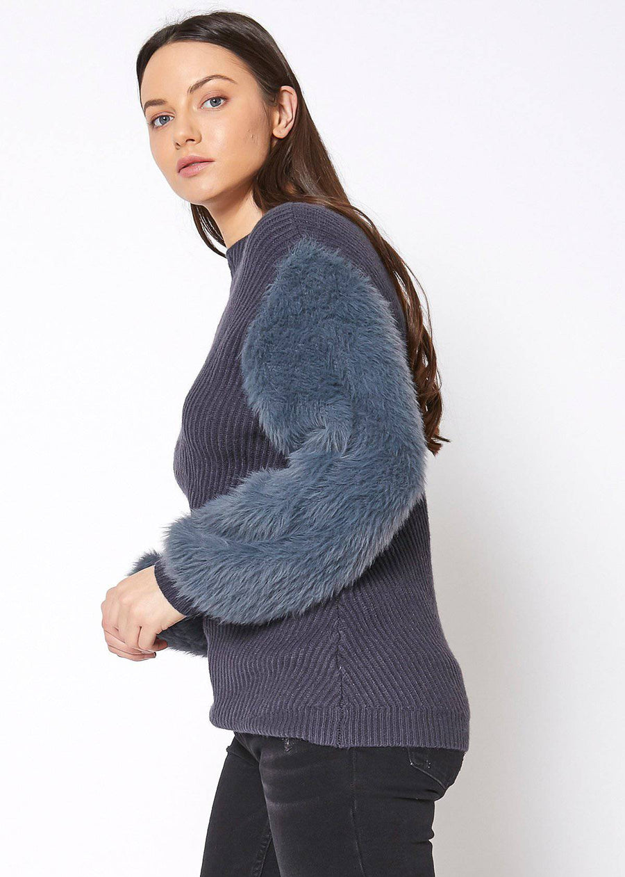 Faux Fur Sleeve Boat Neck Sweater in Slate Blue - shopatkonus