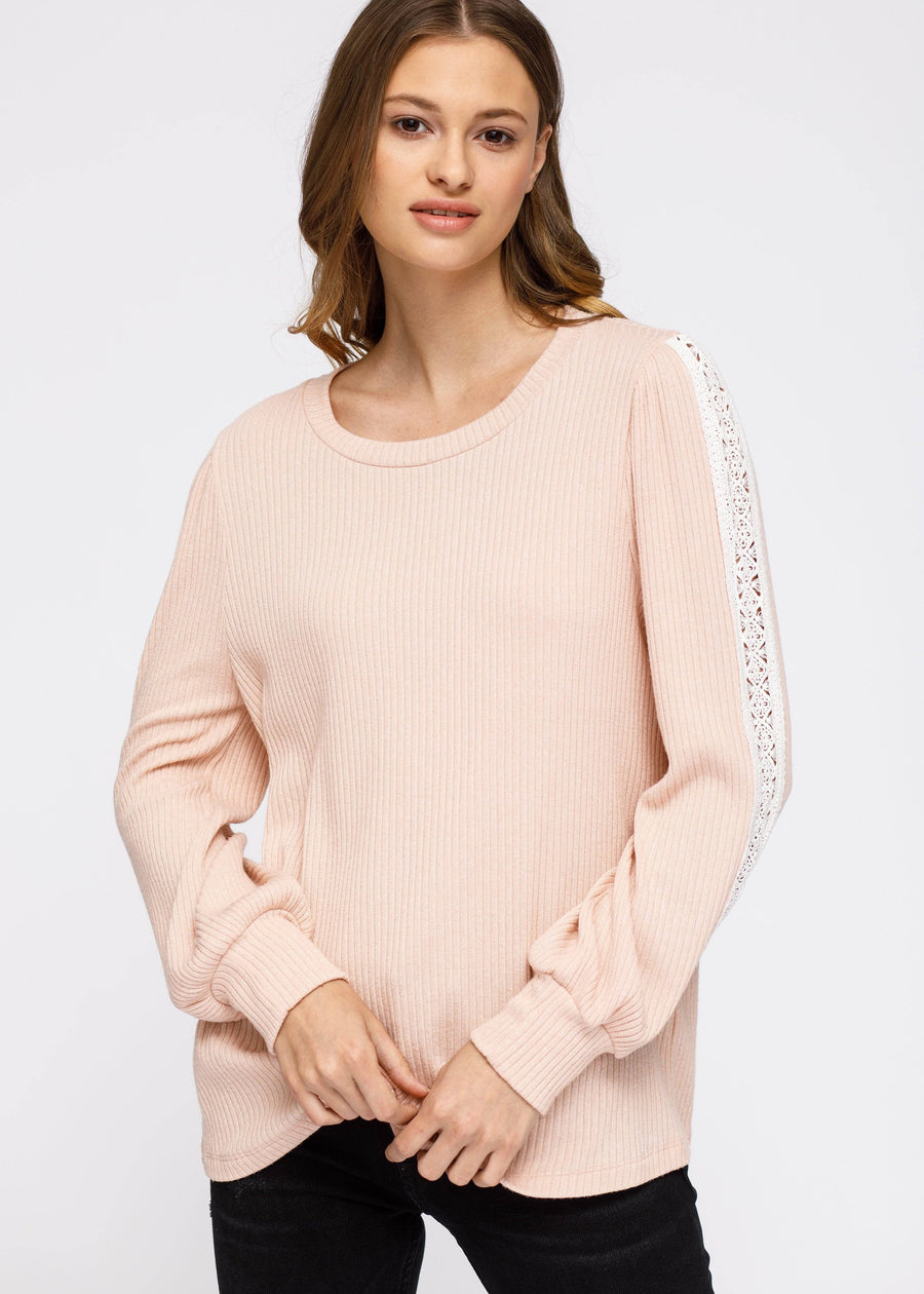 Women's Round Neck Sweater With Long Cuff Sleeves in Blush - shopatkonus