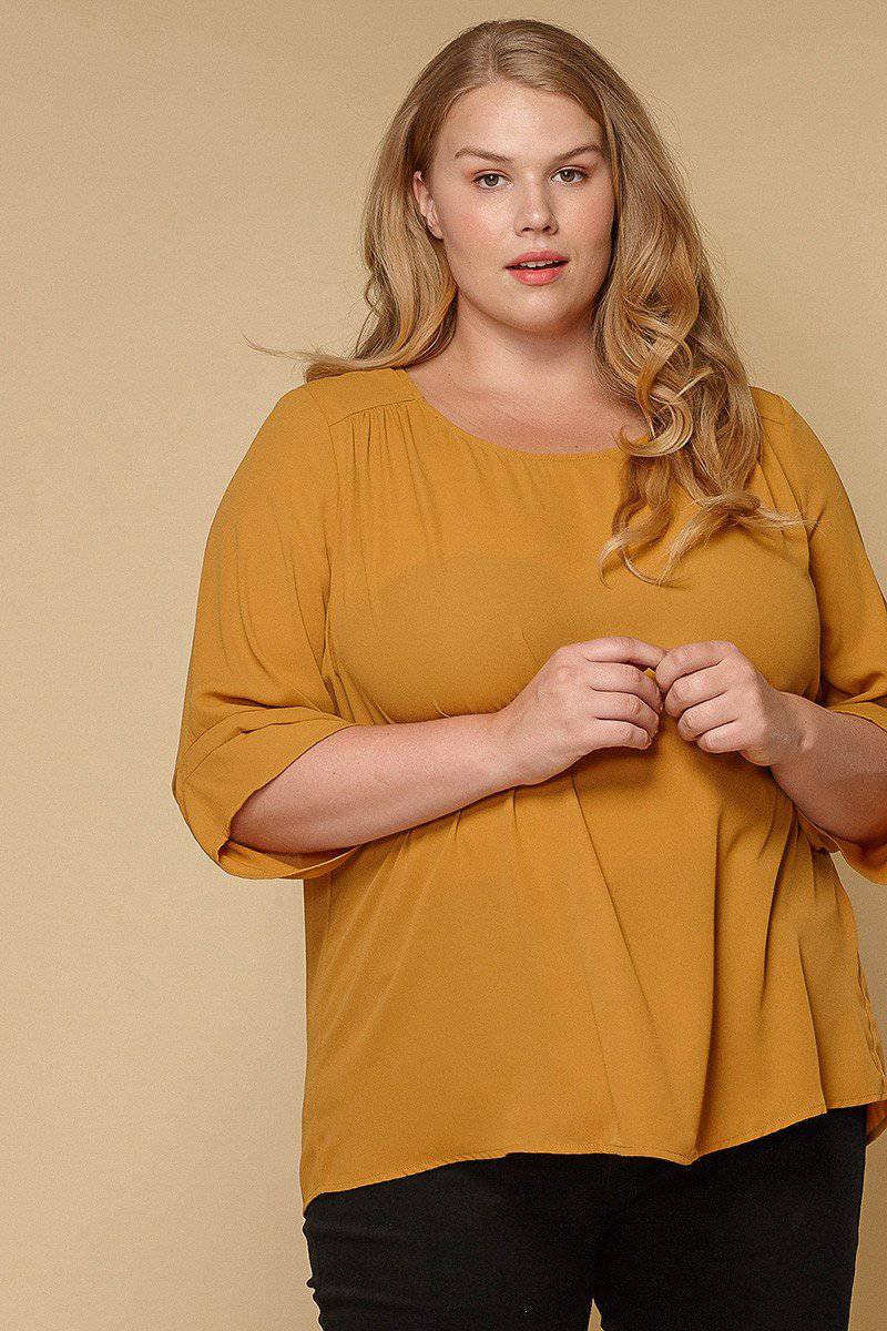 Plus Size 3/4 Sleeve Multi Layered Cuff Blouse In Solid in Mustard - shopatkonus