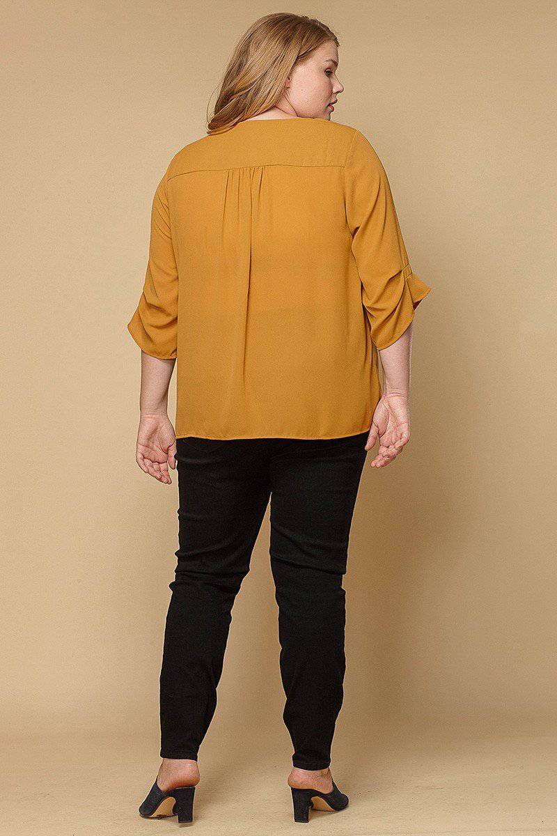 Plus Size 3/4 Sleeve Multi Layered Cuff Blouse In Solid in Mustard - shopatkonus