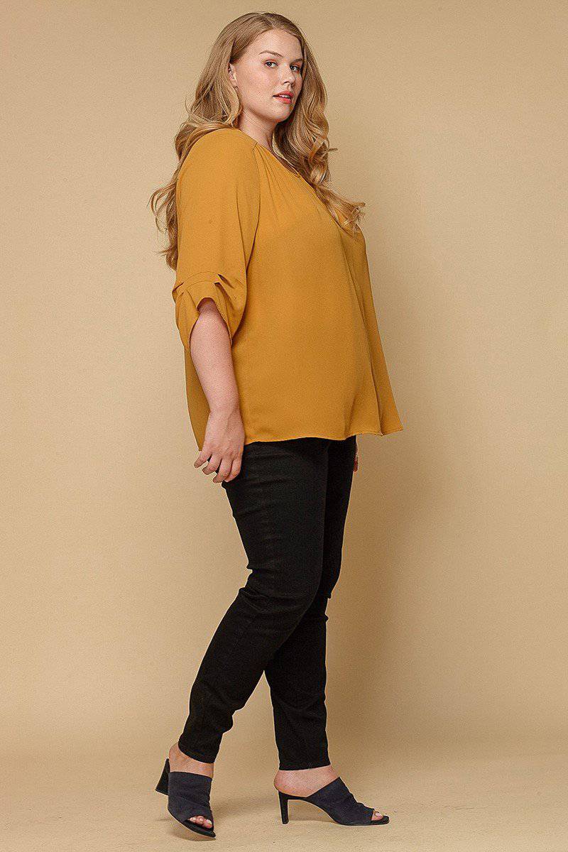 Plus Size 3/4 Sleeve Multi Layered Cuff Blouse In Solid in Mustard - shopatkonus