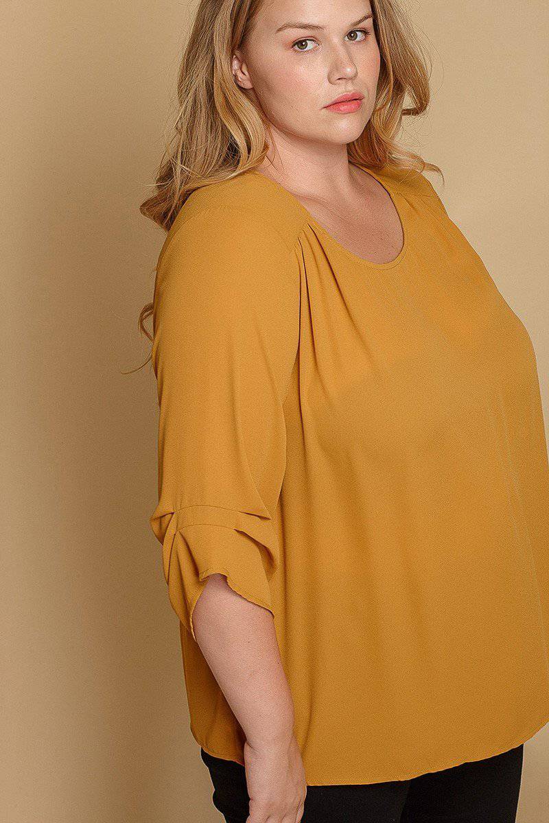 Plus Size 3/4 Sleeve Multi Layered Cuff Blouse In Solid in Mustard - shopatkonus