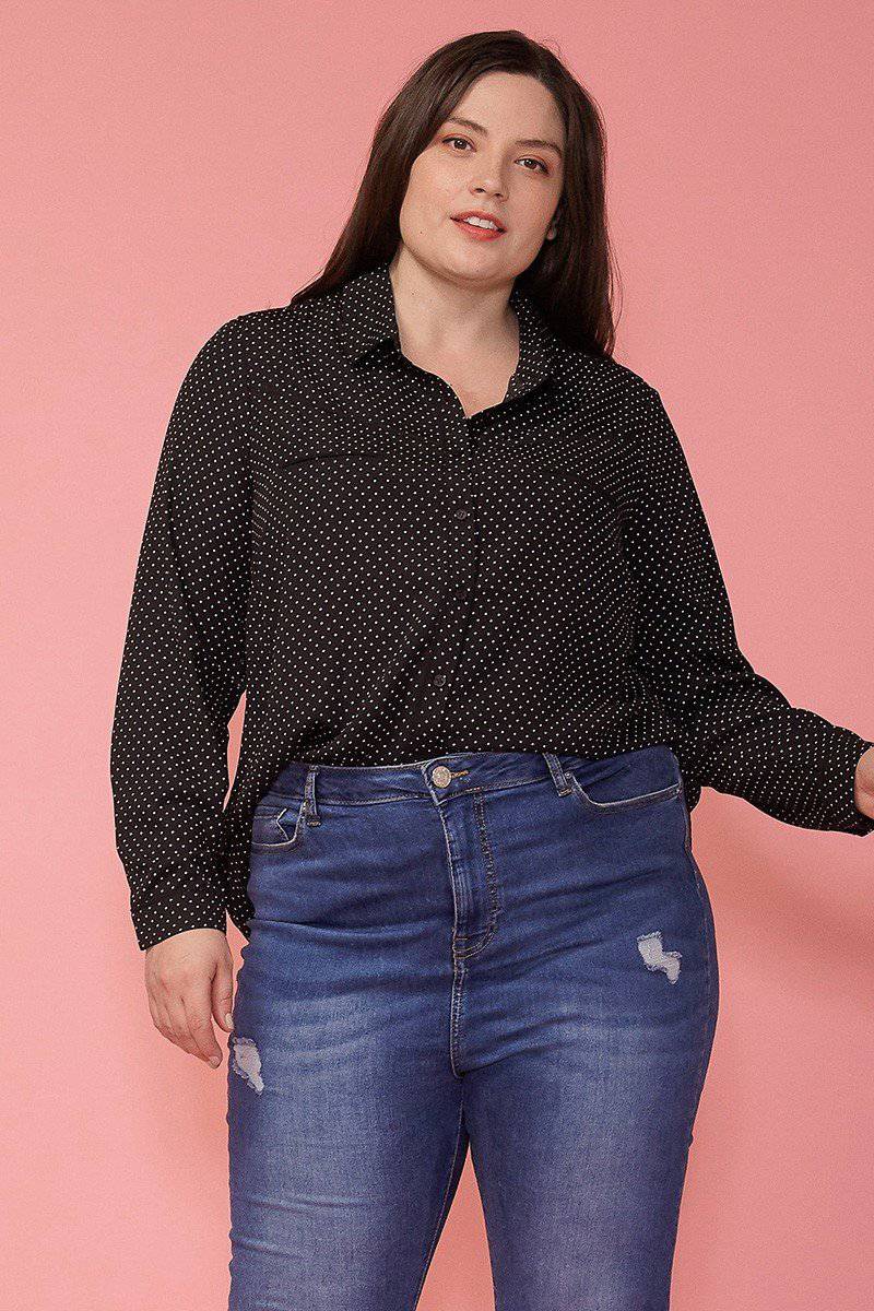 Plus Size Polka Dot Rounded Collar Button Down Shirt Blouse in Black Polka Dot - shopatkonus