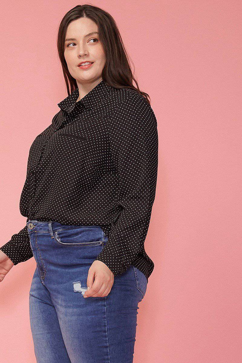 Plus Size Polka Dot Rounded Collar Button Down Shirt Blouse in Black Polka Dot - shopatkonus