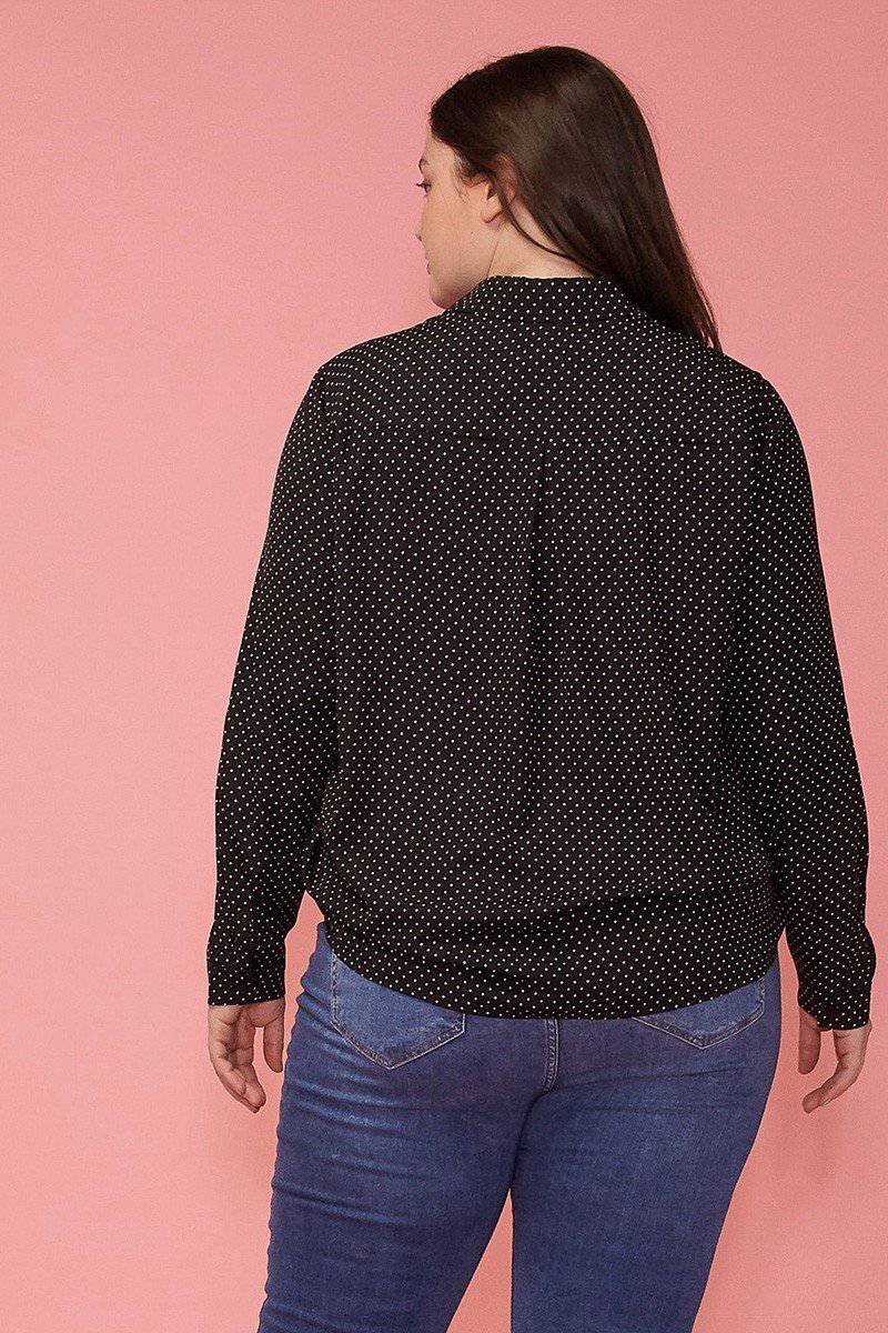 Plus Size Polka Dot Rounded Collar Button Down Shirt Blouse in Black Polka Dot - shopatkonus