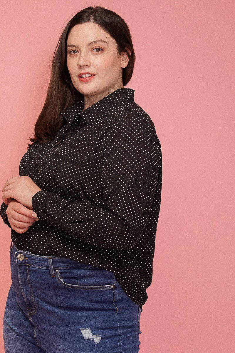 Plus Size Polka Dot Rounded Collar Button Down Shirt Blouse in Black Polka Dot - shopatkonus