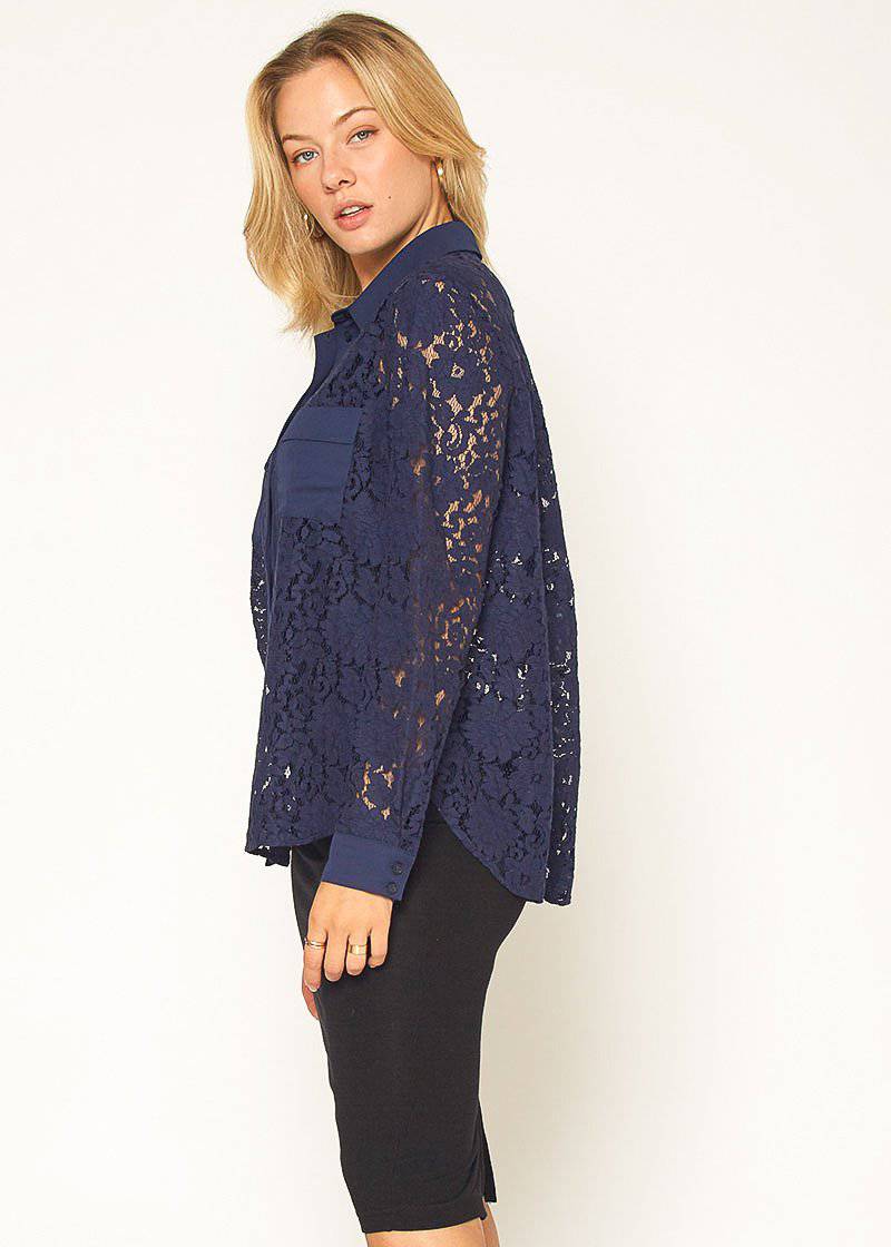 Women's Button Up Flower Lace Blouse in Navy - shopatkonus