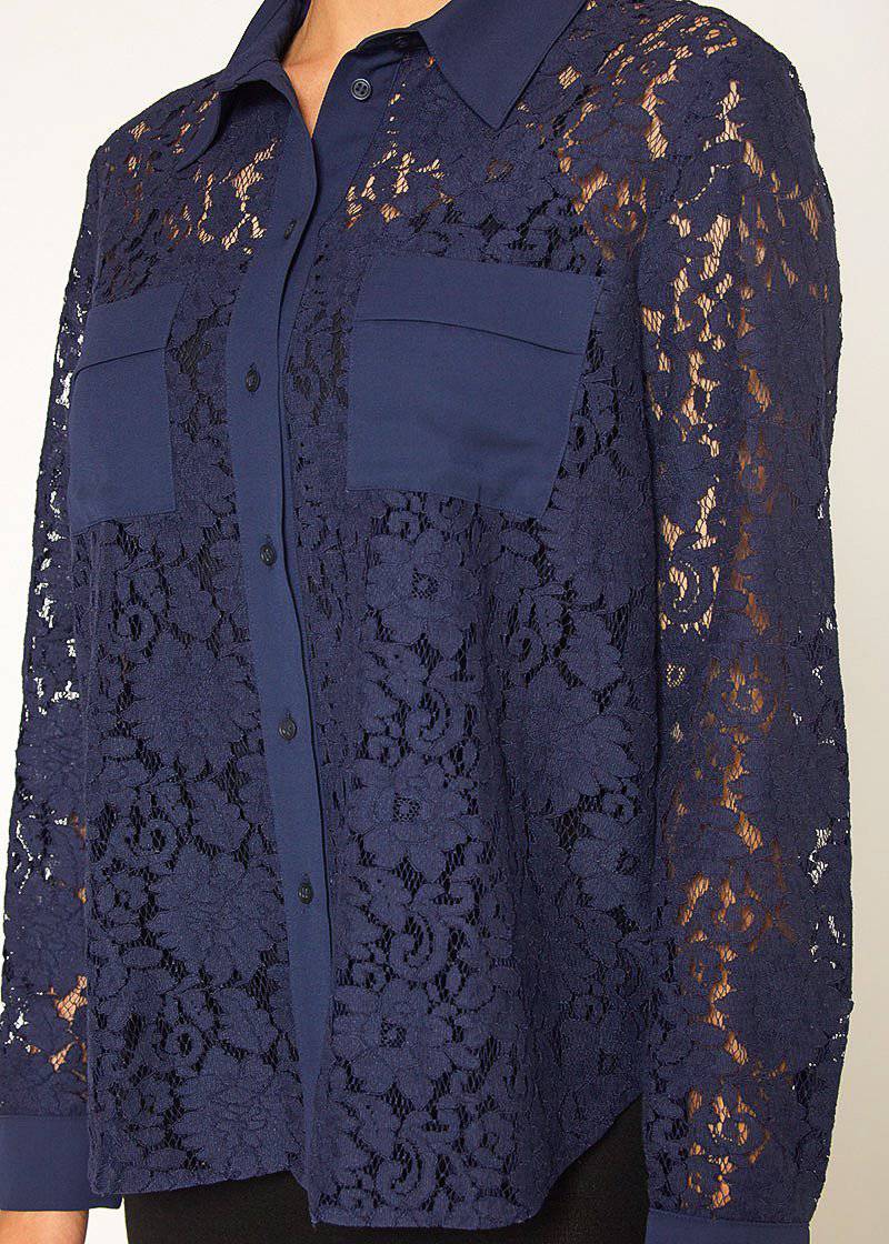 Women's Button Up Flower Lace Blouse in Navy - shopatkonus