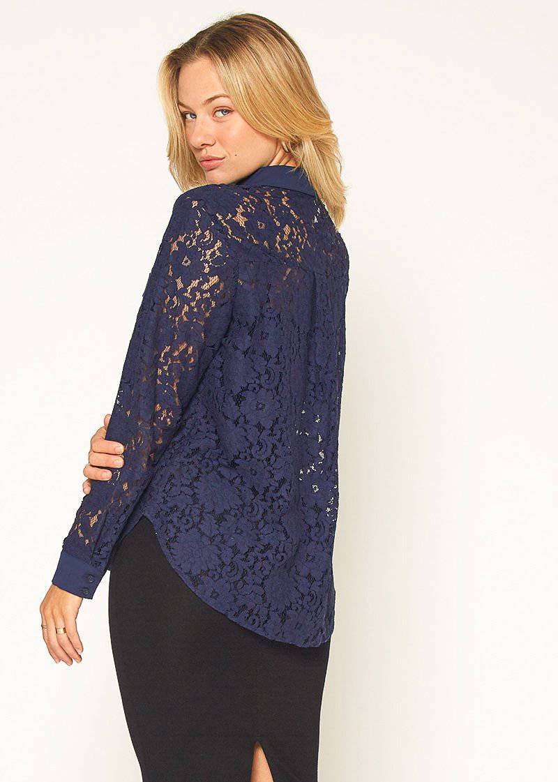 Women's Button Up Flower Lace Blouse in Navy - shopatkonus