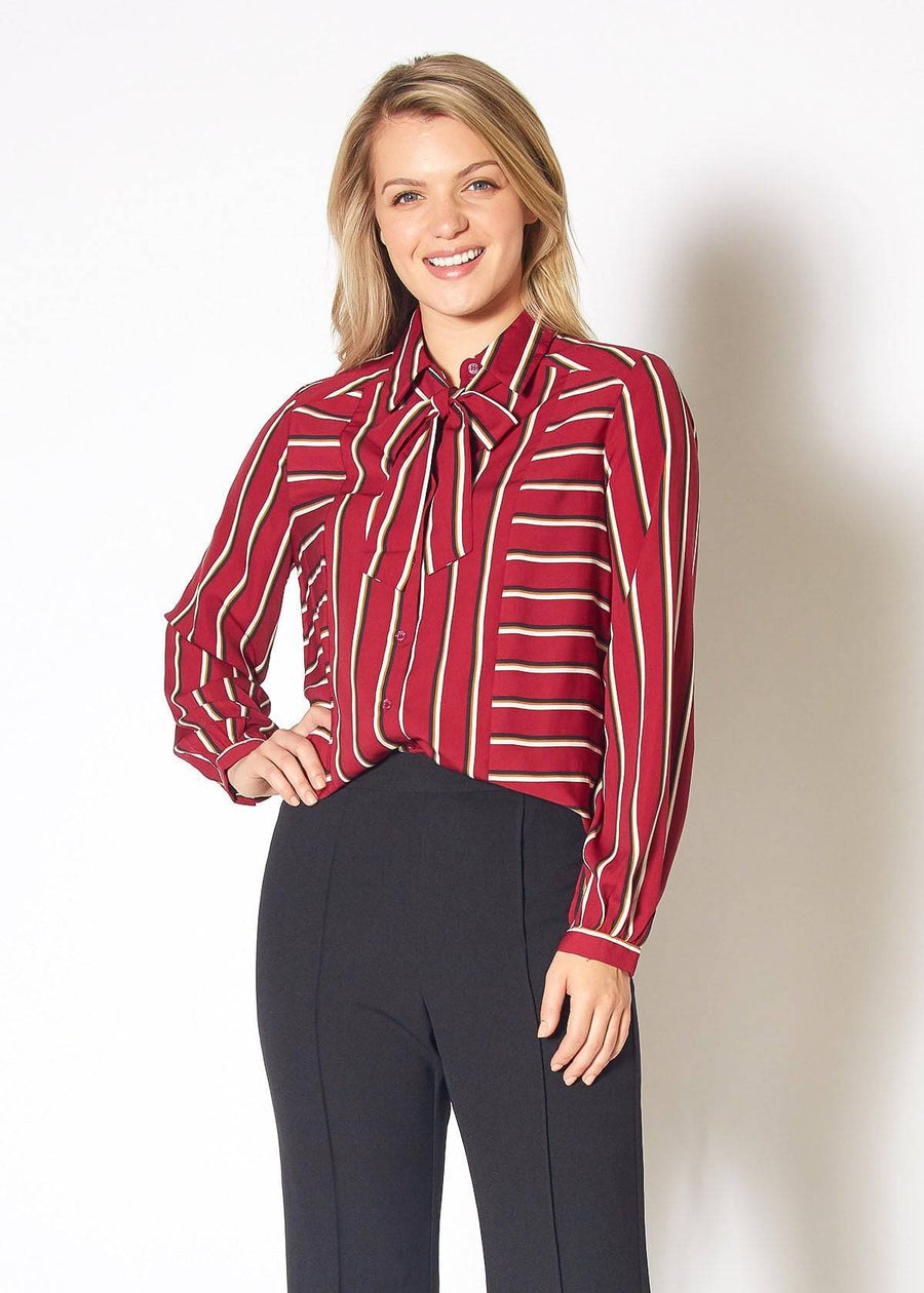 Womens Stripe Tie Neck Blouse in Dark Red Multi Stripe - shopatkonus