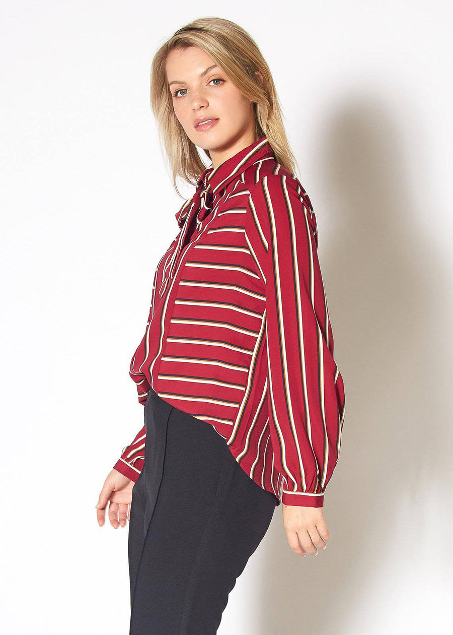 Womens Stripe Tie Neck Blouse in Dark Red Multi Stripe - shopatkonus