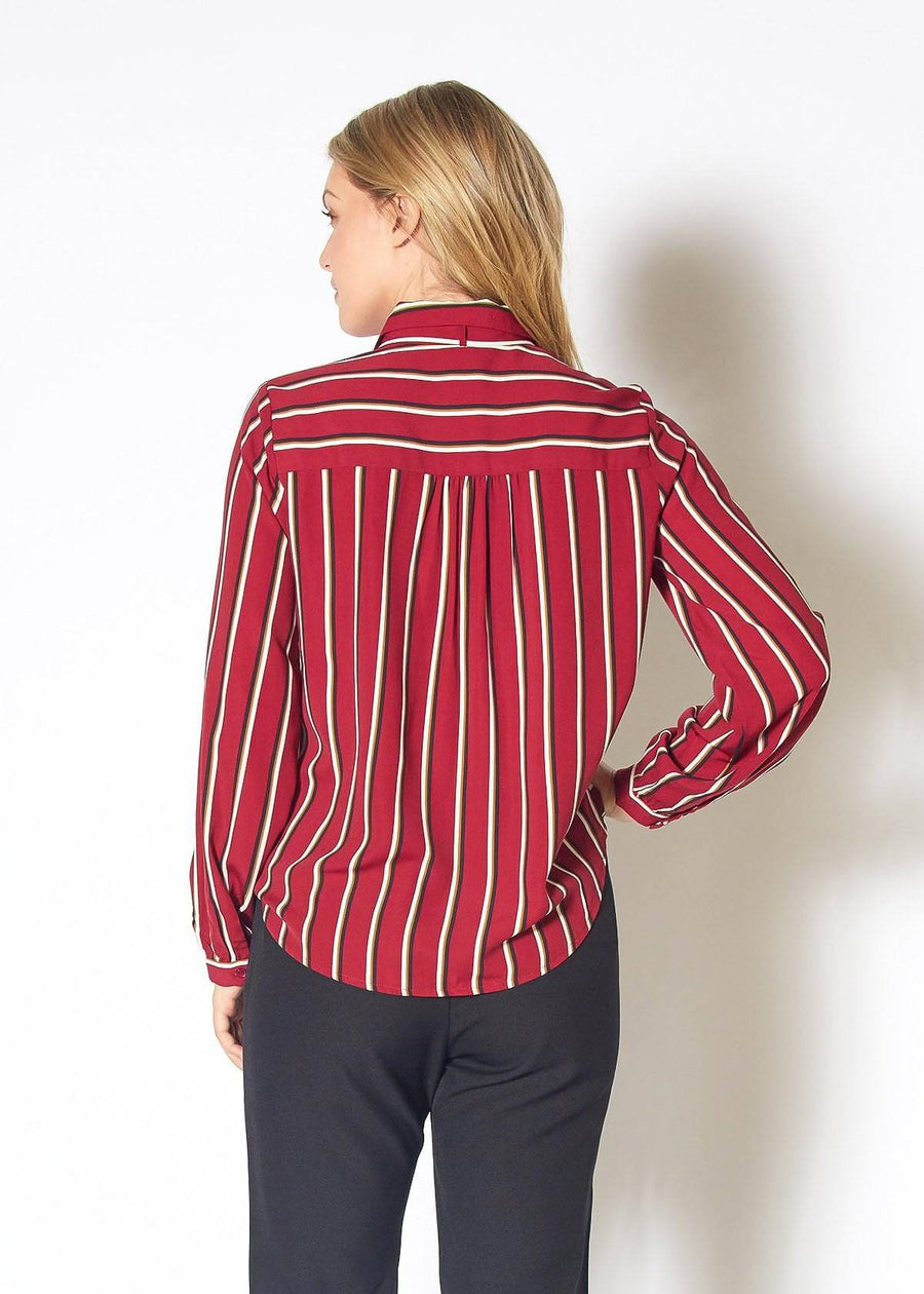 Womens Stripe Tie Neck Blouse in Dark Red Multi Stripe - shopatkonus