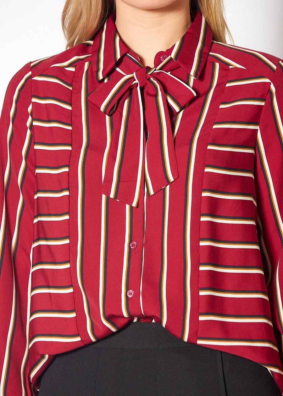 Womens Stripe Tie Neck Blouse in Dark Red Multi Stripe - shopatkonus