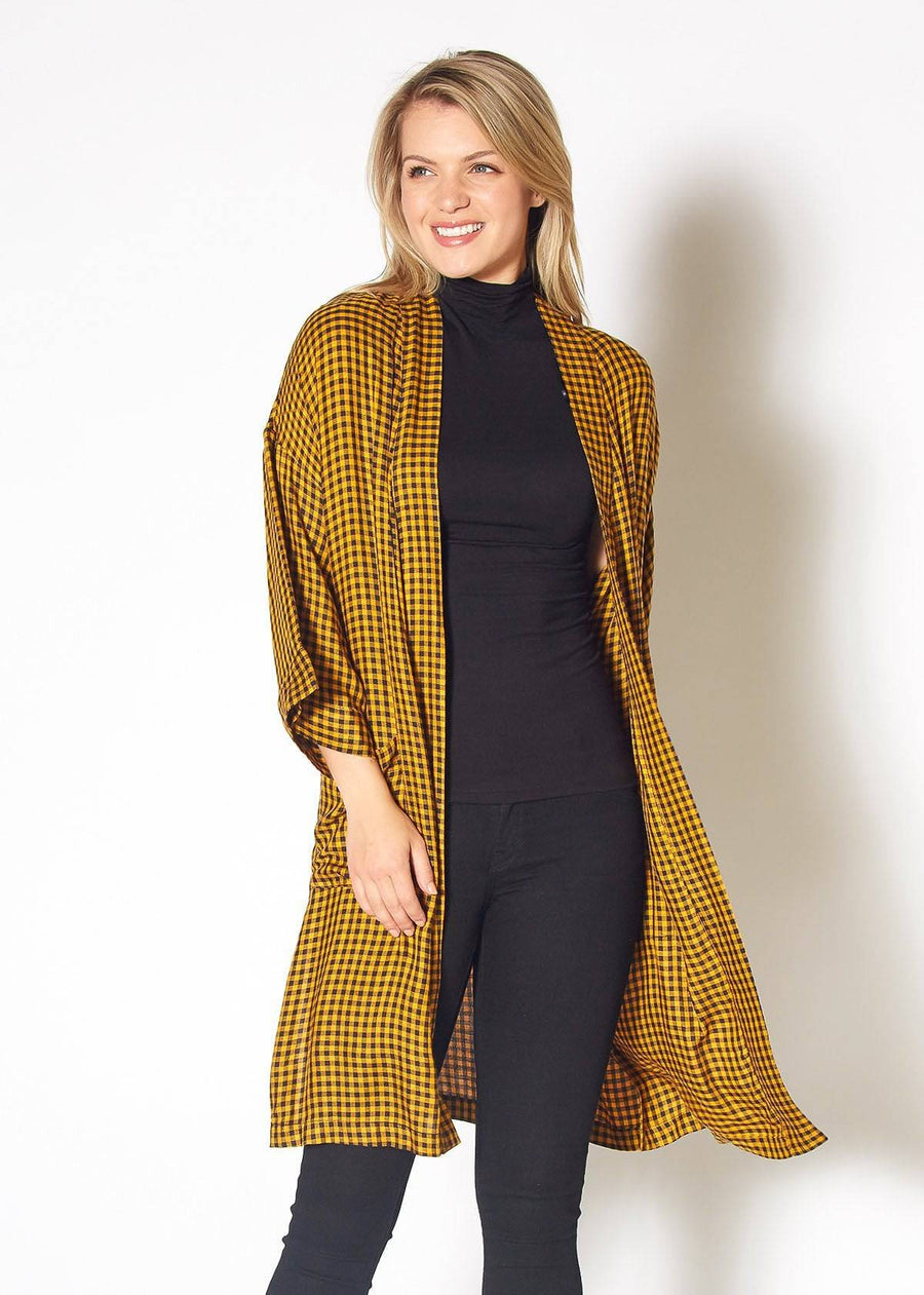 Gingham Kimono Cardigan in Mustard Dark Navy Checker - shopatkonus