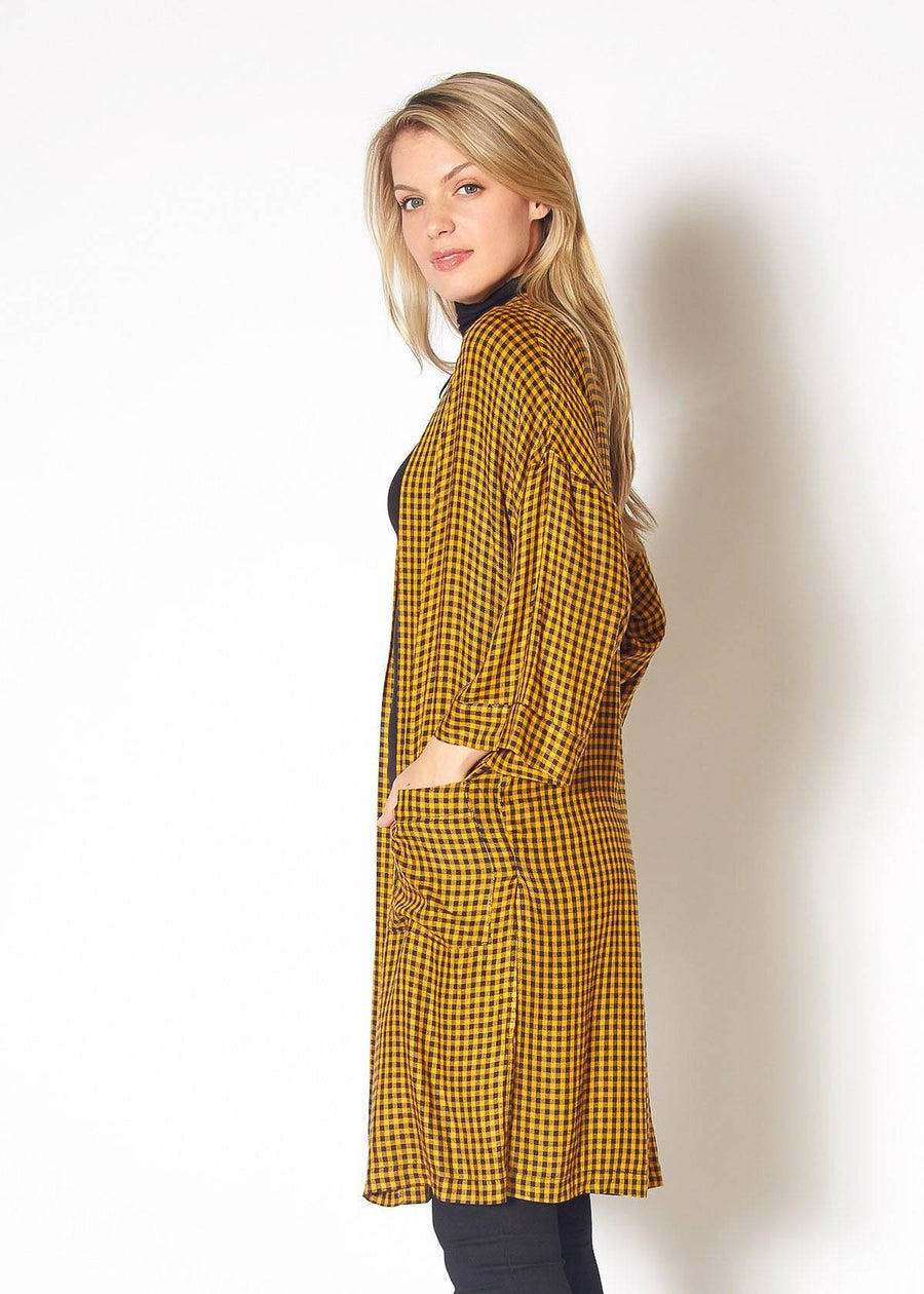 Gingham Kimono Cardigan in Mustard Dark Navy Checker - shopatkonus