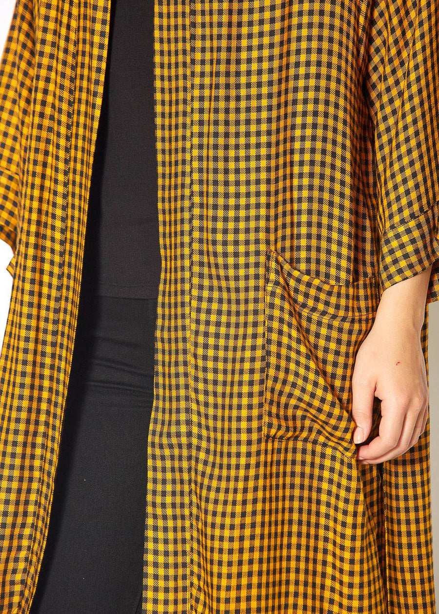 Gingham Kimono Cardigan in Mustard Dark Navy Checker - shopatkonus