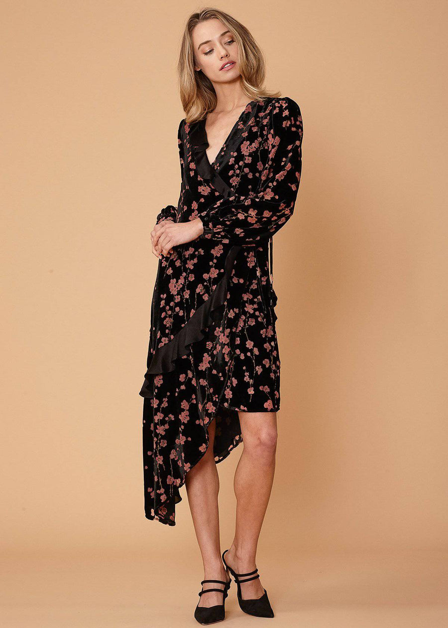 Velvet Asymmetric Wrap Dress in Falling Floral - shopatkonus