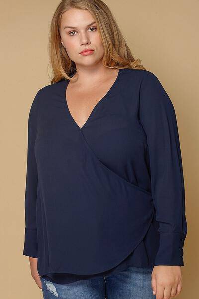 Plus Size Wrap Front Long Sleeve Blouse in Navy - shopatkonus