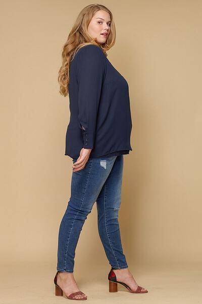 Plus Size Wrap Front Long Sleeve Blouse in Navy - shopatkonus
