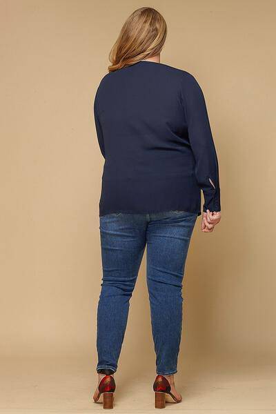 Plus Size Wrap Front Long Sleeve Blouse in Navy - shopatkonus
