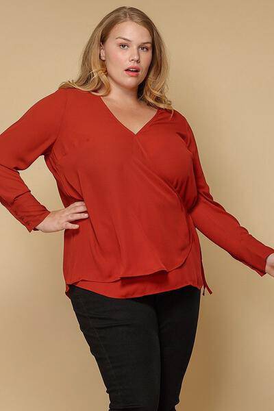 Plus Size Wrap Front Long Sleeve Blouse in Terracotta - shopatkonus