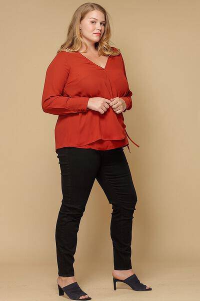 Plus Size Wrap Front Long Sleeve Blouse in Terracotta - shopatkonus