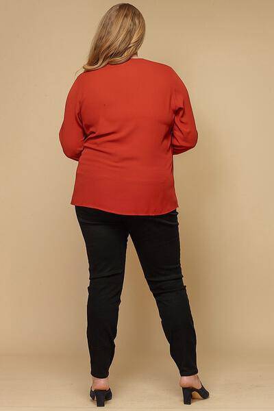 Plus Size Wrap Front Long Sleeve Blouse in Terracotta - shopatkonus
