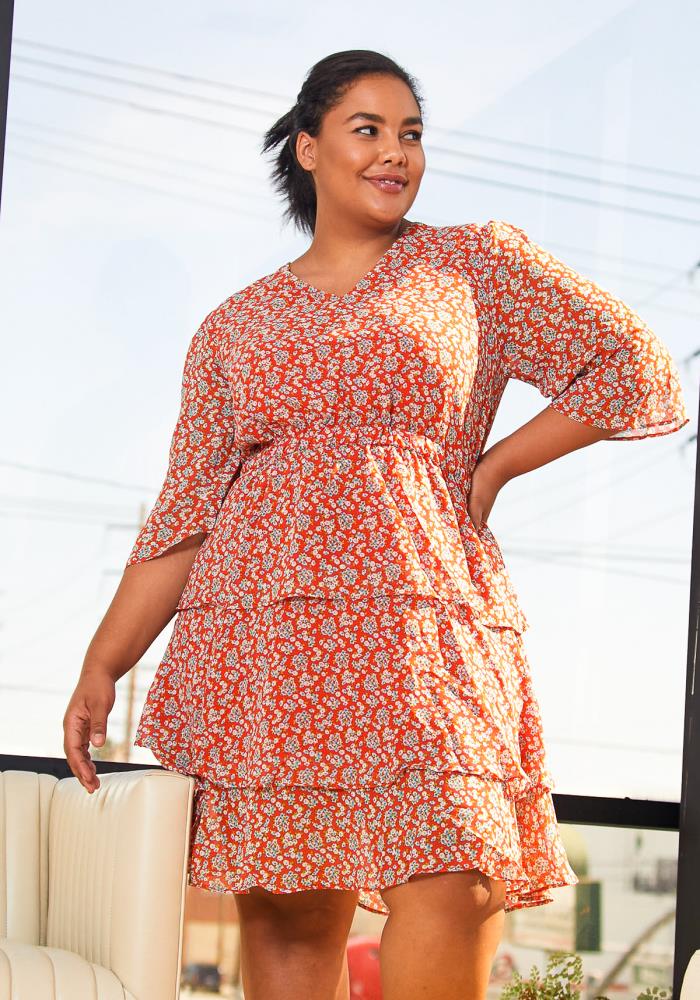 Plus Size Floral Layered Ruffle Chiffon Dress In Red - shopatkonus