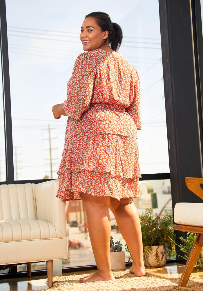 Plus Size Floral Layered Ruffle Chiffon Dress In Red - shopatkonus