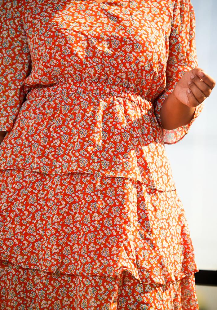 Plus Size Floral Layered Ruffle Chiffon Dress In Red - shopatkonus
