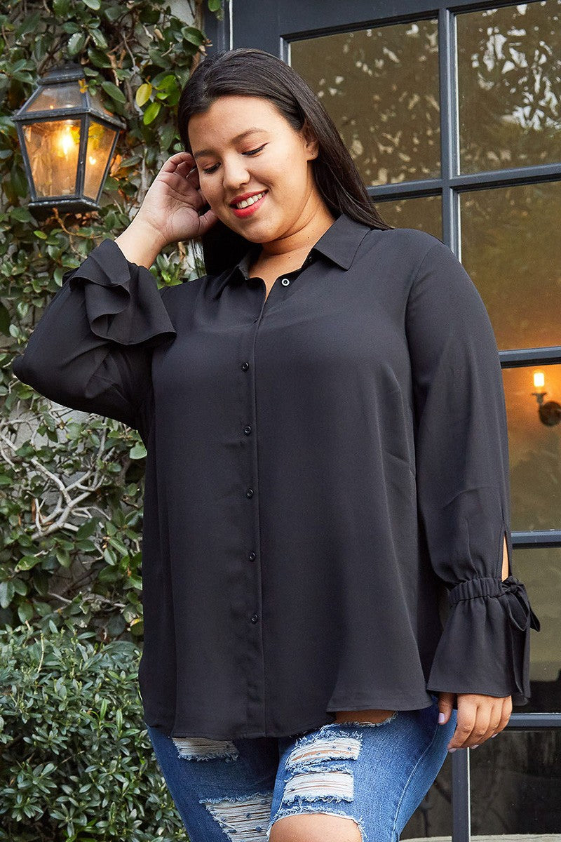 Plus Size Self-tie Bell Cuff Button Down Shirt Blouse In Black - shopatkonus