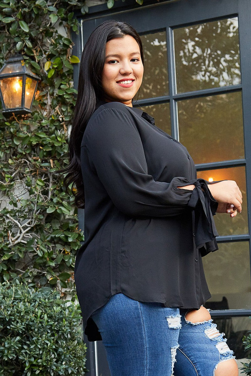 Plus Size Self-tie Bell Cuff Button Down Shirt Blouse In Black - shopatkonus