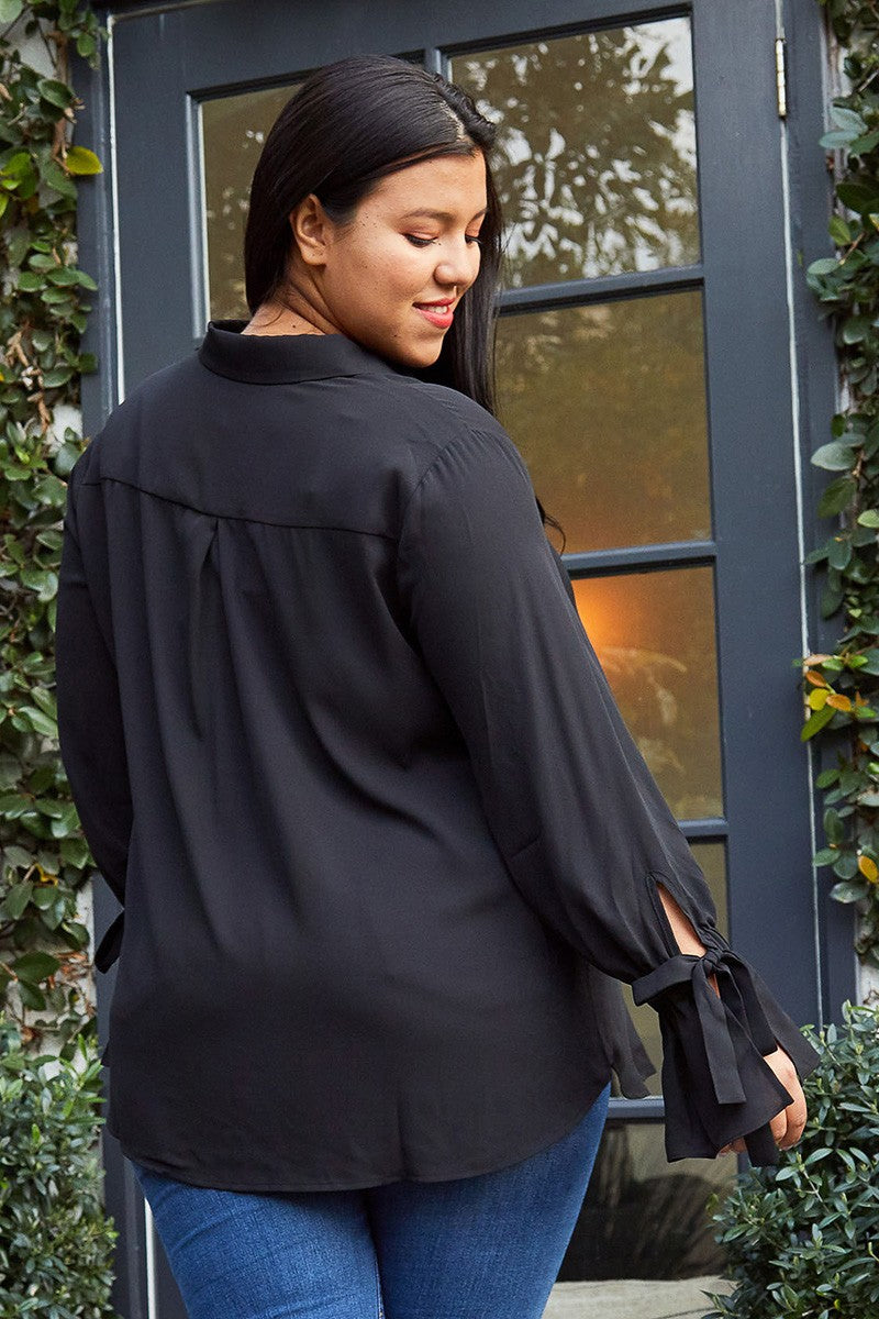 Plus Size Self-tie Bell Cuff Button Down Shirt Blouse In Black - shopatkonus