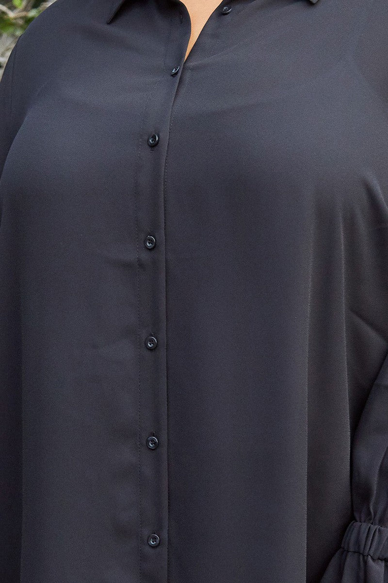 Plus Size Self-tie Bell Cuff Button Down Shirt Blouse In Black - shopatkonus