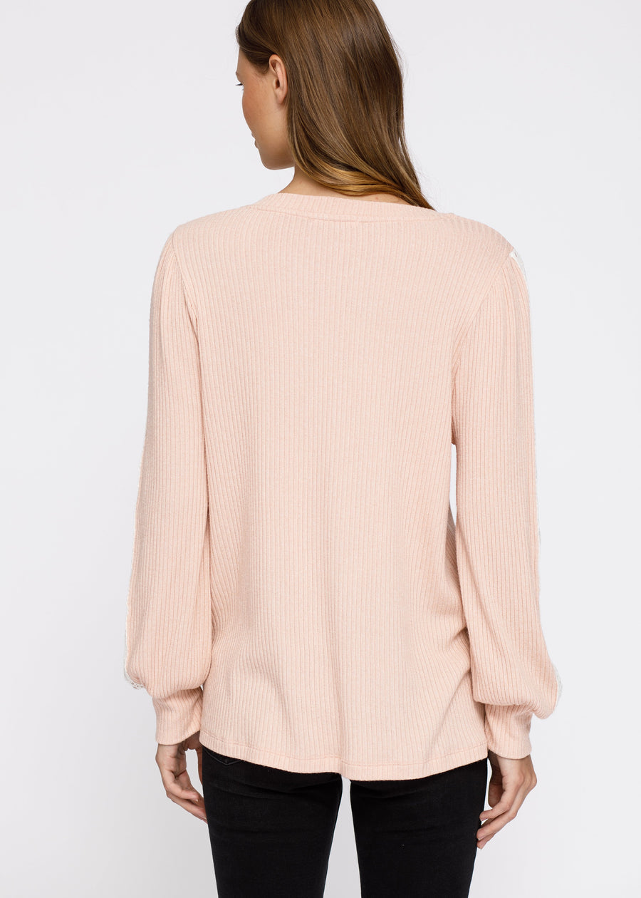 Round Neck Sweater With Long Cuff Sleeves in Blush - Shop at Konus