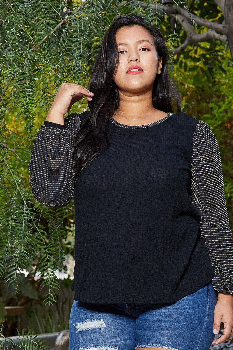 Plus Size Ribbed Round Neck Holiday Top - shopatkonus