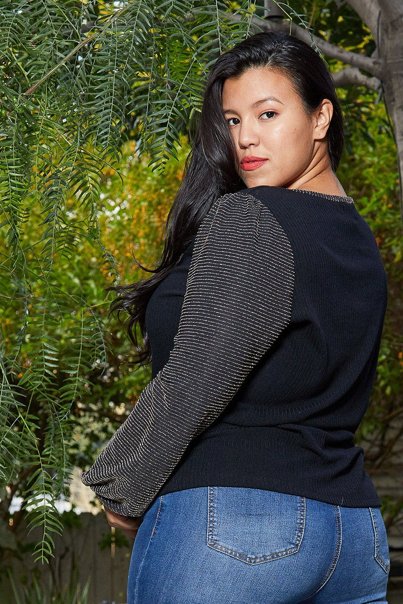 Plus Size Ribbed Round Neck Holiday Top - shopatkonus