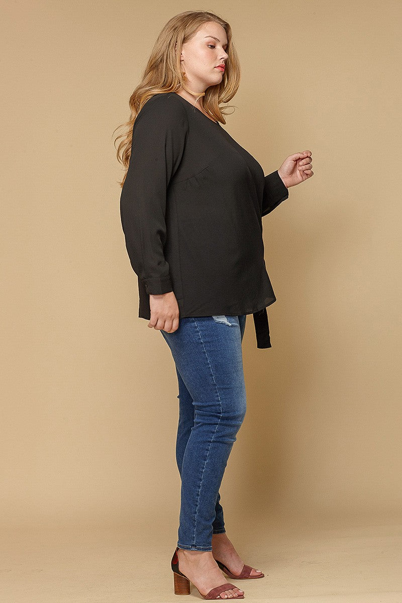 Pleione Plus Size Women Clothing Self-Tie Wrap Front Blouse - shopatkonus